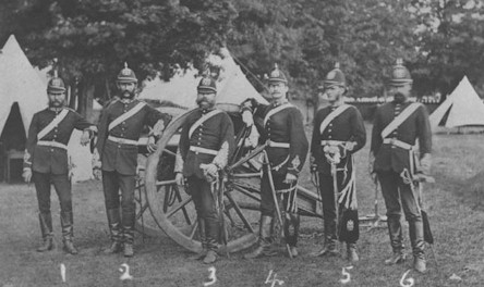The senior officers of the 1st Provisional Brigade of Artillery. Taken in 1880, the year the brigade (as the Regiment was then called) was raised, the photo shows the Regiment's first commanding officer LCol MacDonald (#3), and Capt David McCrea (#6), father of LCol John McCrea[11th Field Regt]